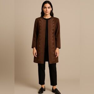 Vintage Carissimo Brown Embroidered Long Jacket Coat Women’s Size 8